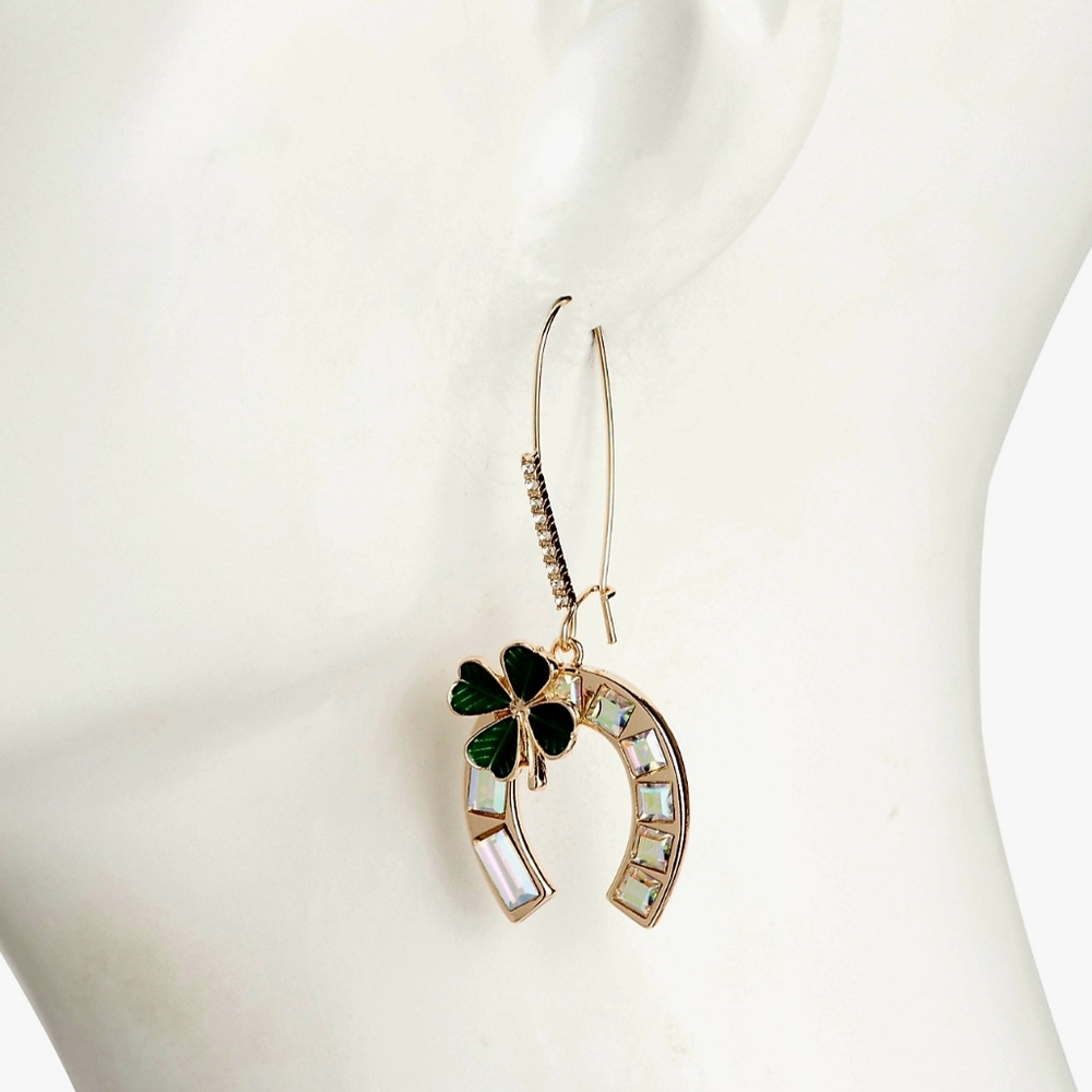 NEW Betsey Johnson Elegant Earrings with Lucky Horseshoe Clover & Stones  NWT - Picture 4 of 6